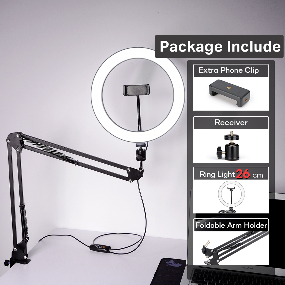 Anneau lumière photographie éclairage lampe à LED avec trépied pour support de téléphone portable accessoires de support avec pince pour Photo Selfie vidéo: 26cmLight- ArmHolder