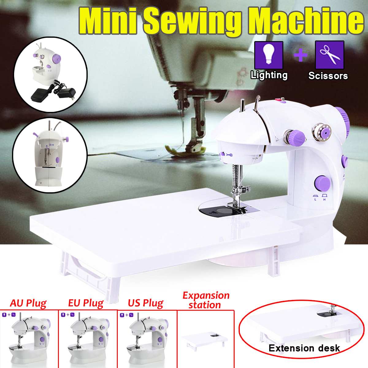 Sewing Machine Portable Desktop Mini Handheld Stitch Sew needlework Clothes Fabrics Electric Sewing Machine for Home with light