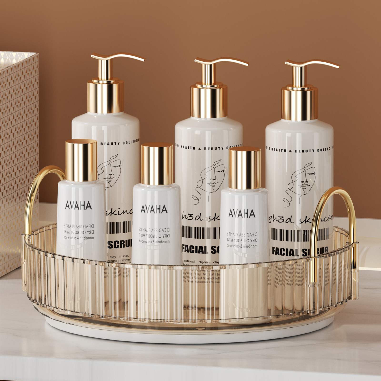 Rotating Makeup Organizer for Vanity 3 Tier Skincare Organizers Large Storage Bathroom Countertop Clear Cosmetic Holder Dresser: Gold