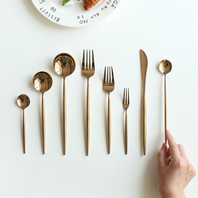 8-pieces Good Mirror Flatware Set 18/8 Stainless Steel Black Dining Knive Forks Scoop Cutlery Golden Restaurant Tableware Sets