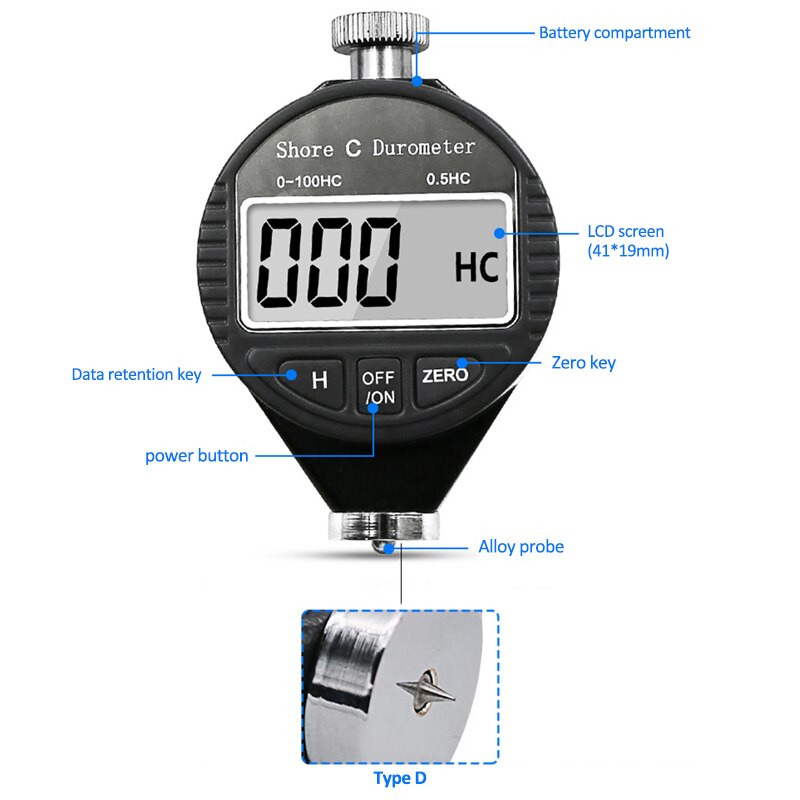 HA HD HC Digital Shore Durometer LCD Display Sclerometer Rubber Hardness Tester Meter paragraph: 0-100HD