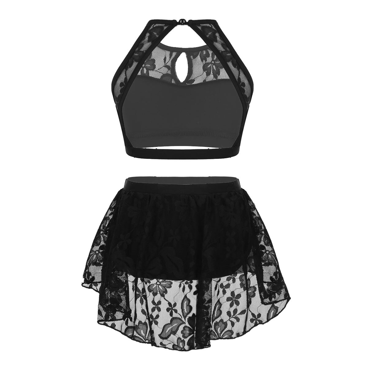 ChicTry Kids Teens Halter Lace Splice Contemporary Lyrical Dance Costumes Gymnastics Top Shorts Set Girls Ballet Tutu Dance Wear