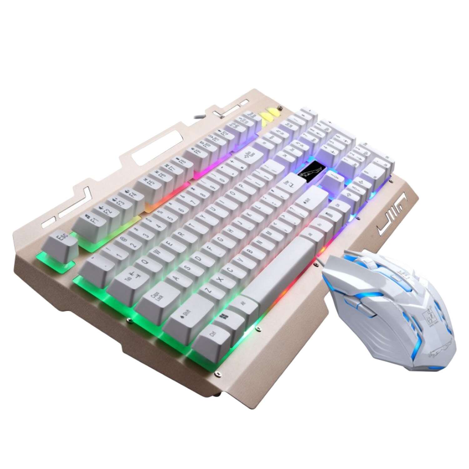 Elisona USB Wired Gaming Keyboard Mouse Kit All-Metal Panel LED Backlit Keyboard with 2400DPI Adjustable 6 Buttons Mouse for PC: White
