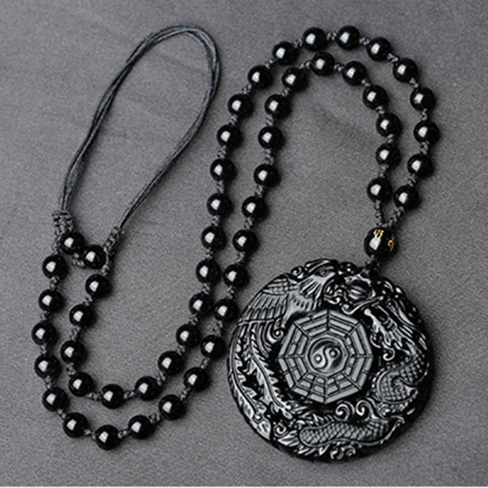 Black Obsidian Natuursteen Gesneden Chinese BAGUA Hanger Ketting Met Kralen Ketting TaiJi Yin Yang Lucky Amulet Sieraden