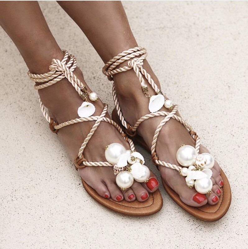 Women cross lace up sandals with pearl flip flop women Pearl flat Sandals Beach Party Dress shoes summer Roman Flat: 6.5