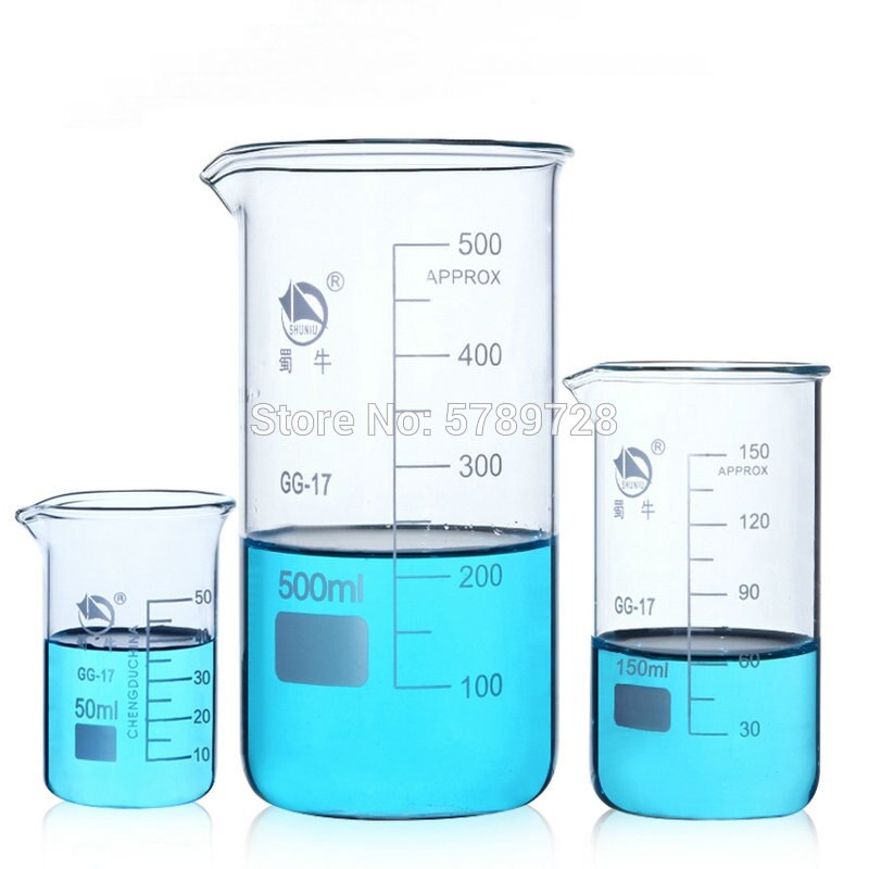 1 Juego de vaso de cristal de borosilicato con escamas, vaso medidor de cristal transparente de tipo alto que incluye 50ml, 150ml, 500ml, cristalería de laboratorio