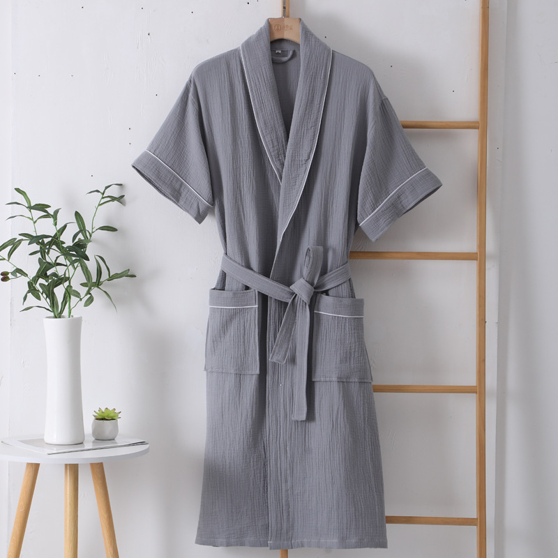 Albornoz de algodón fino para hombre y mujer, camisón de manga corta de gasa de doble capa, absorbente y de secado rápido, para verano: L / Gris