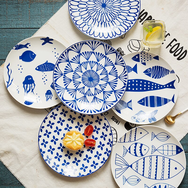 Blå og hvid keramisk salattallerken frugtbøf tallerken porcelænsservice rund western madbakke dessertretter