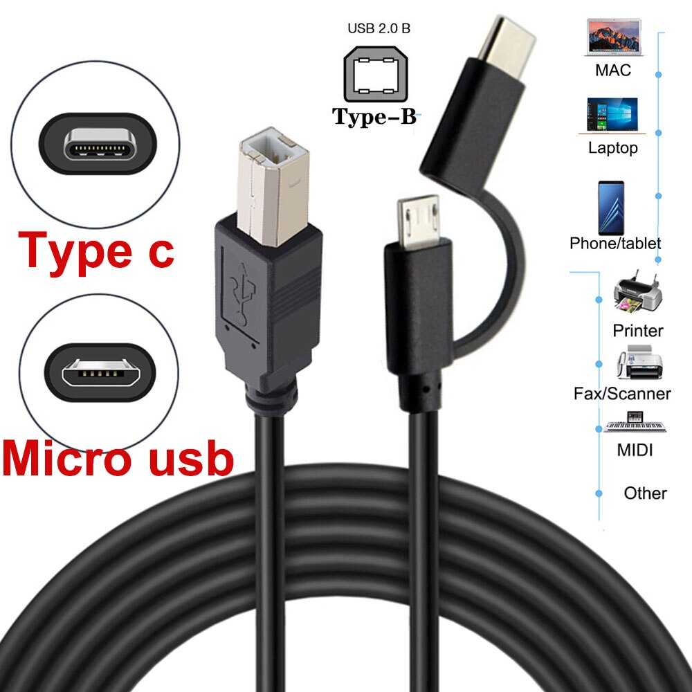 Micro usb 2.0 +  type c han til usb 2.0 type-b han otg kabel til telefon printer scanner elektronisk klaver og elektronisk tromme