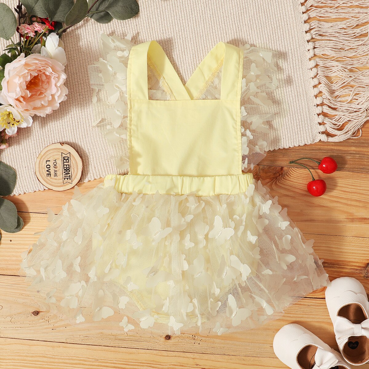 Prowow Prinzessin Baby Mädchen Strampler Kleid Sommer Süße Schmetterling Gittergewebe Karosserie Für Kleinkinder Geburtstag Party Baby Mädchen Kleidung: Gelb / 0-3M