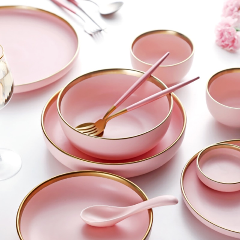Pink/blå keramik guld indlæg tallerken sæt bøf mad tallerken nordisk stil komplet bordservice skål fad porcelæn spisestel sæt