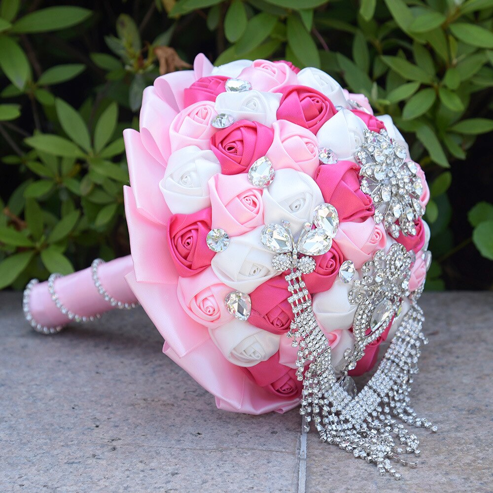 Tassel Diamond Wedding Bouquet White Ivory Pink Burgundy Crystal Silk Rose Wedding Flowers Bouquet De Mariage Bridal Bouquets