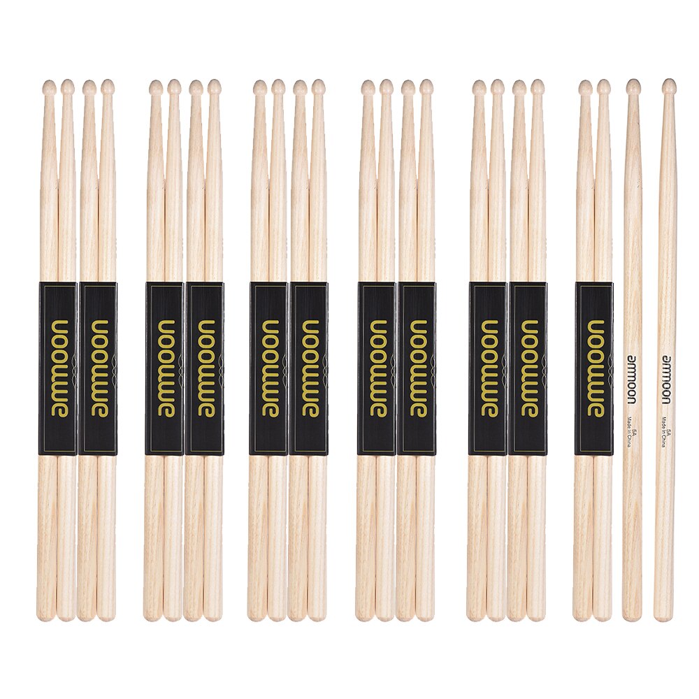 ammoon 12 Pairs of 5A Wooden Drumsticks Drum Sticks Fraxinus Mandshurica Wood Drum Set Accessories