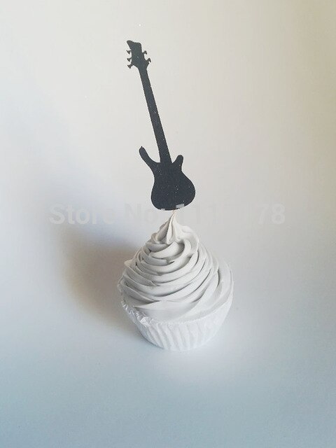 Guitare électrique noire à paillettes, décorations de cupcake, fêtes, anniversaires, , table à bonbons, dessert, choix de nourriture 24 pièces