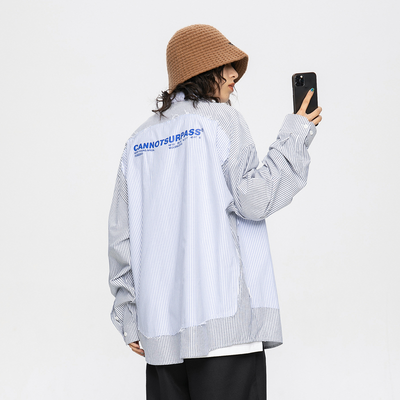 Stripe Splice Shirts Men Loose Casual Long Sleeve Shirt City Boys Girls Streetwear Korean Hip Hop Shirt Oversize