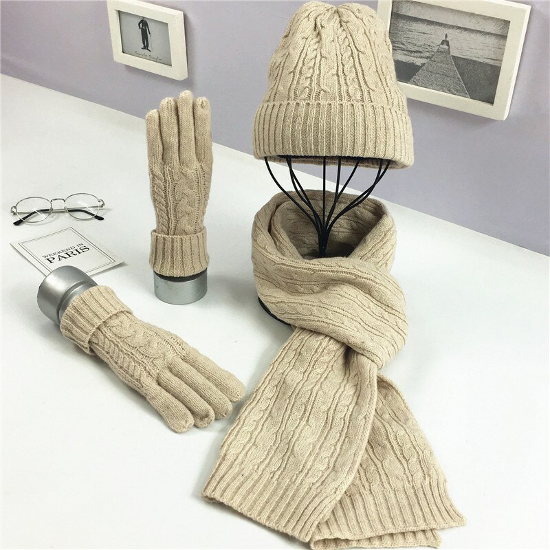 3 pcs Set Winter Knitted Hat Scarf Gloves for Women Beanie Ladies Knitted Scarves Women Winter Clothing Accessories Suit