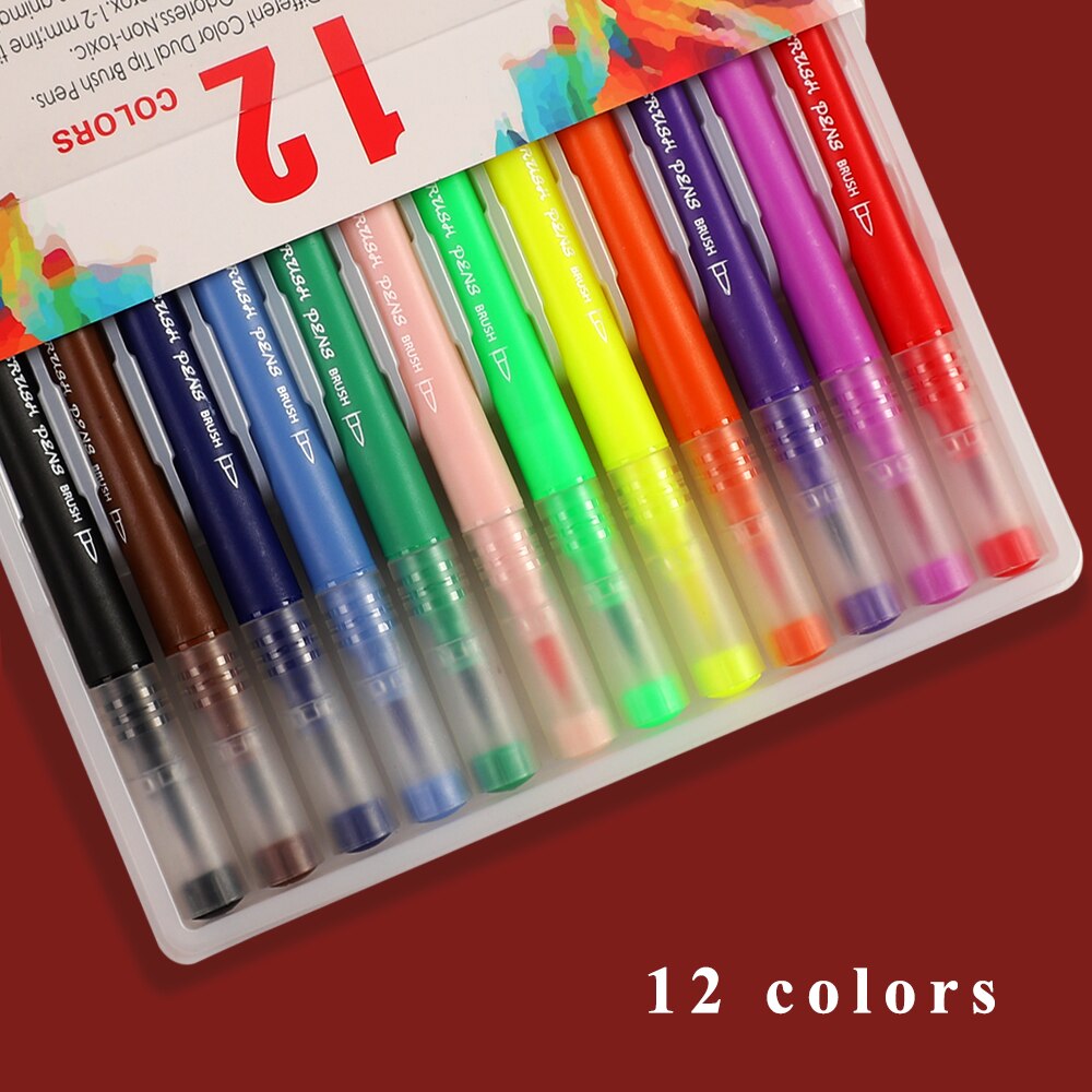 100 Stks/doos Dubbele Kop Tekening Aquarel Pen Set Student Kleur Borstel Schets Pen 0.4Mm Haak Lijn Pen Art levert: 12 colors