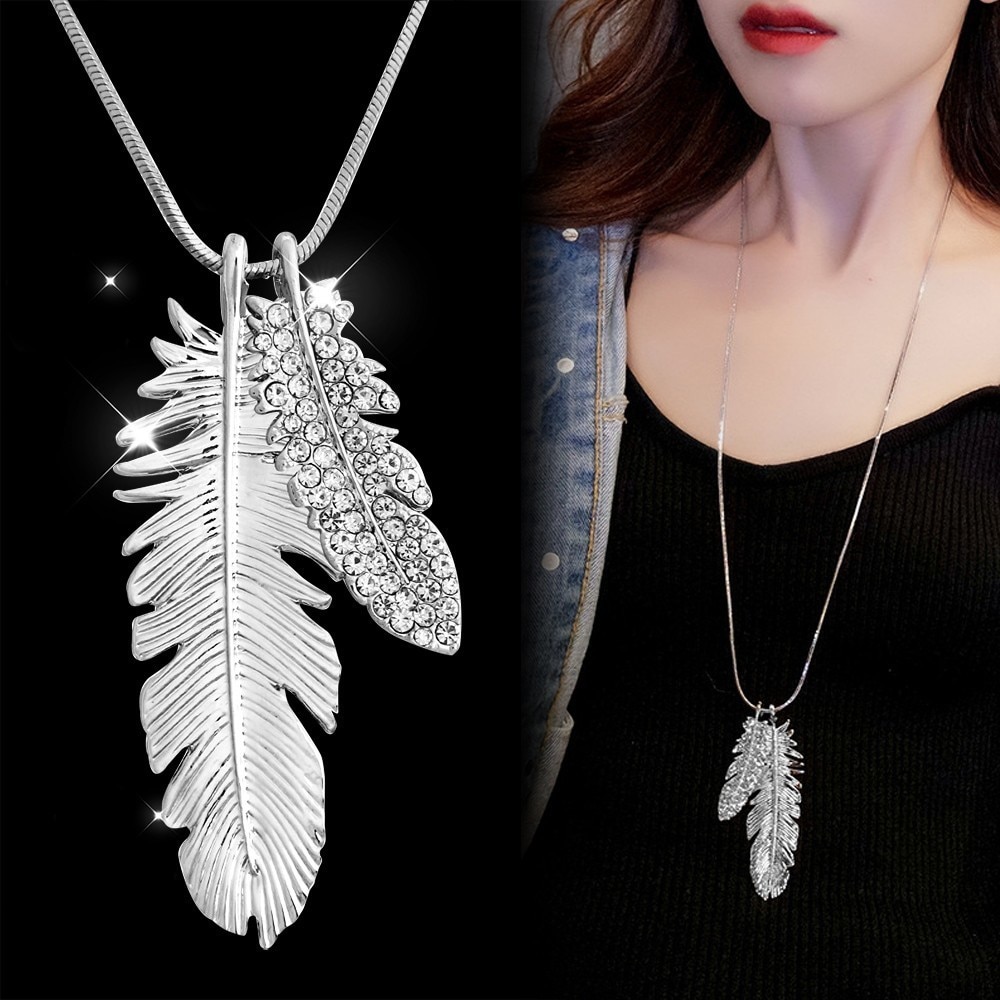 Meyfflin Vintage Long Necklaces for Women Crystal Feather Choker Necklaces Pendanst Silver Sweater Chain Jewelry Collier