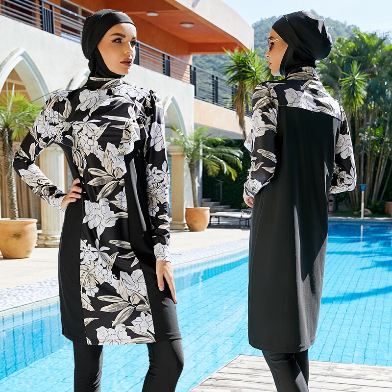 Costumi da bagno musulmani stampati floreali a copertura totale costume da bagno donna Burkini Mujer Moslem musatu Femme costume da bagno conservatore islamico Hijab