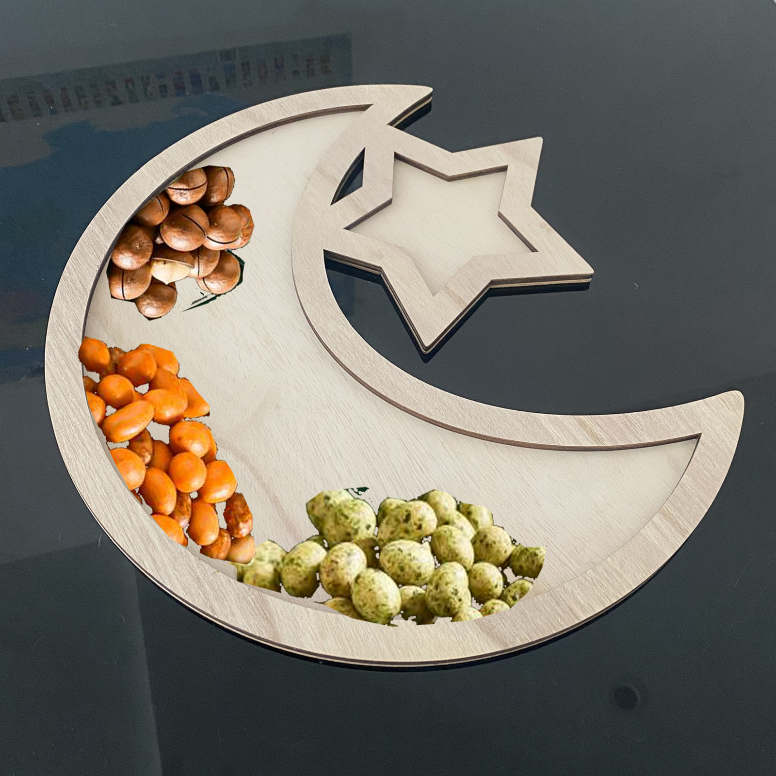 Bandeja de frutas de madera, bandeja para servir comida con forma de luna y estrella, decoración de mesa islámica, decoración del hogar de Ramadán para cena familiar, suministros de cocina