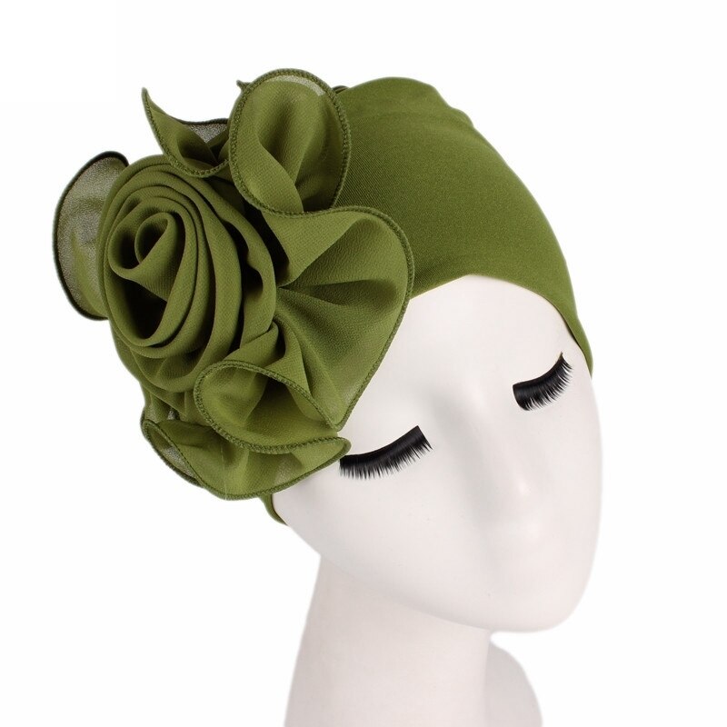 Turbante elástico de flor grande para mujer, gorro de la India, gorros para el pelo, gorro para el pelo para dormir, accesorios de estilismo de belleza: Verde militar