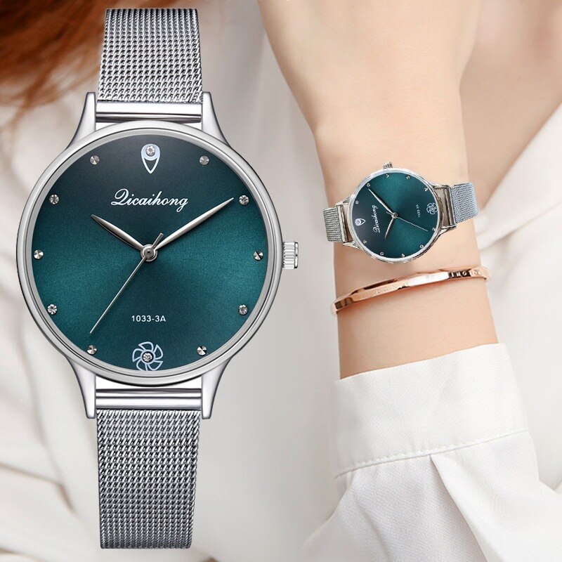 Women Green Dial Bracelet Quartz Clock Metal Silver Belt Dress Watches For Ladies Women