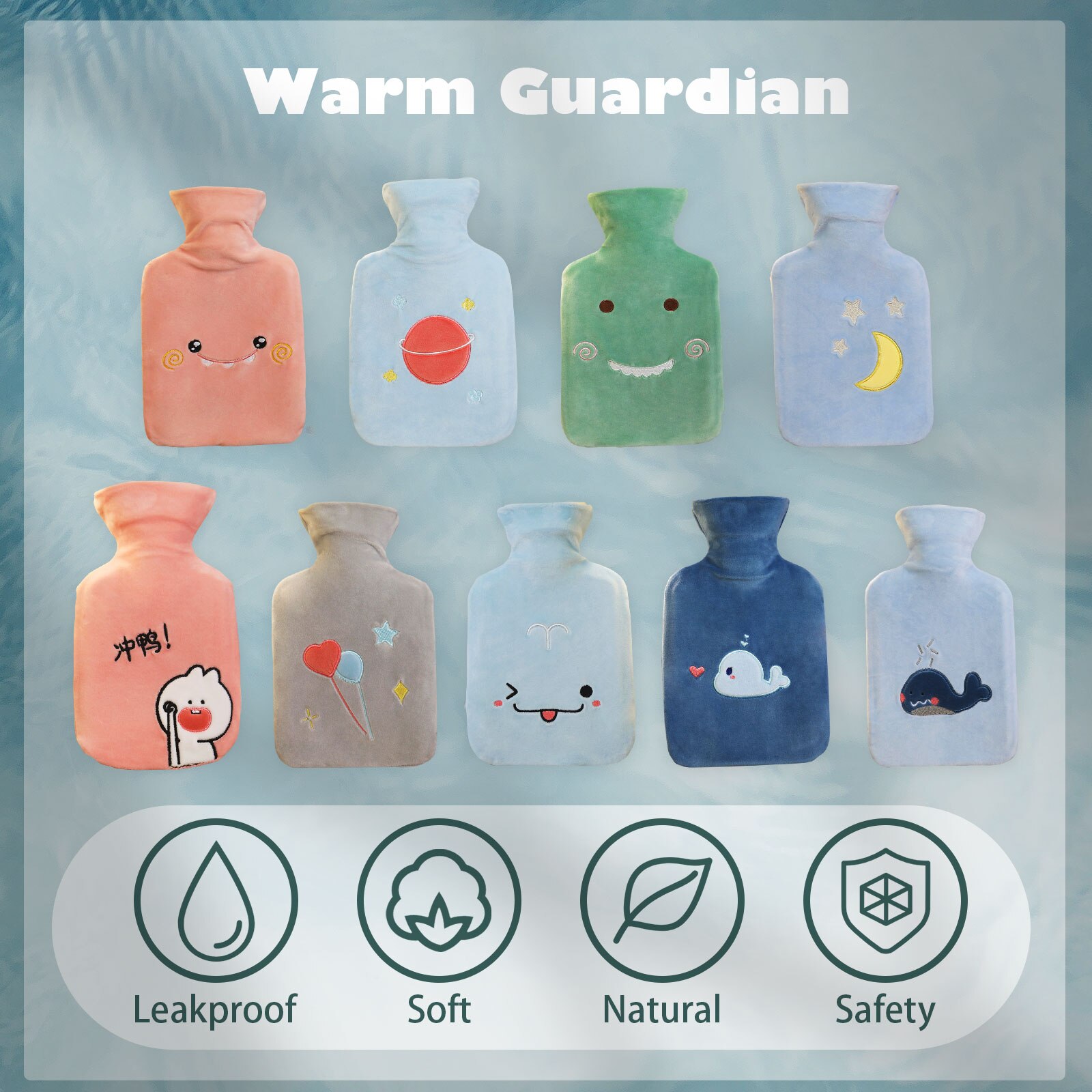 1000ml Rubber Water Bottle with Plush Cartoon Cute Cover Warm Water Bag Hand Stomach Waist Warmer for Home Classroom Office