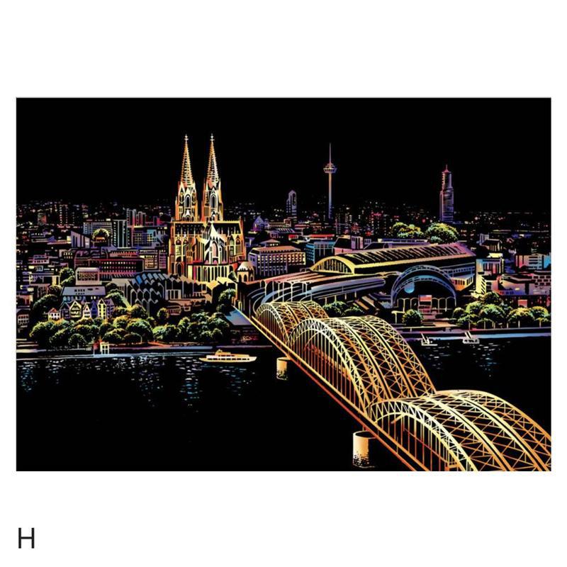 Grande ville nuit Scratch photo peinture enfants grattage mémoire voyage artisanat 2 nuit urbain stylo scène bricolage avec papier Bir E0C8: Cologne Cathedral