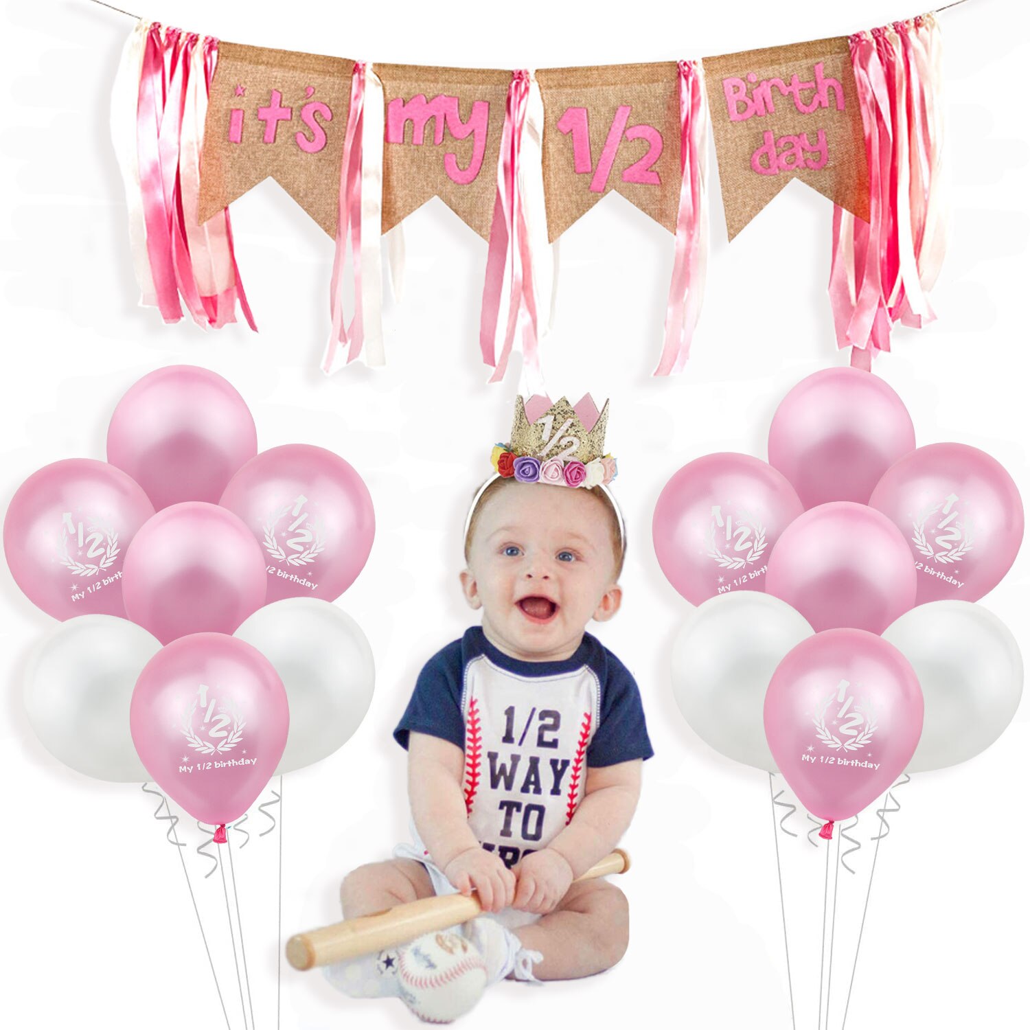Half Birthday Party Decorations Kit It's My 1/2 Birthday Banner Balloons Crown Hat For 6 Months Baby Girl Boy Baby Shower Decor: 4