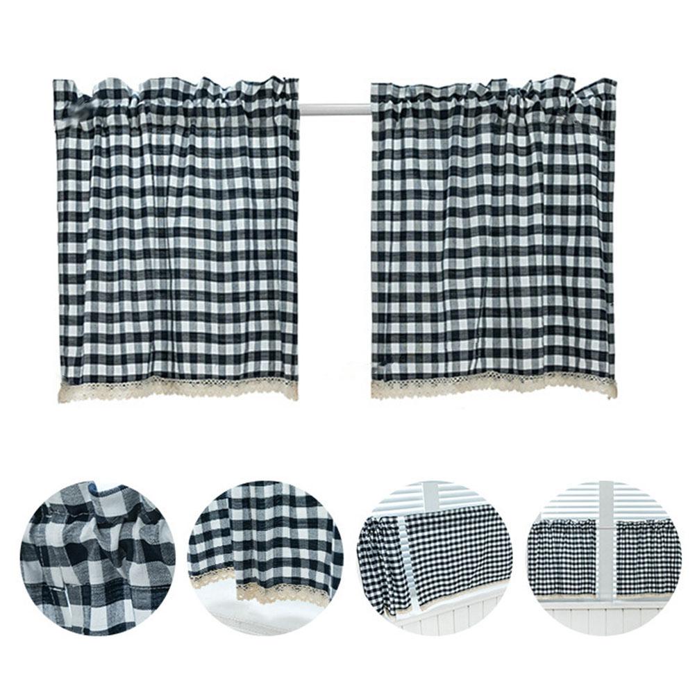 1Pc Küche Plaid aufbringen Kurze Gitter Vorhang Spitze Volant Durch Stange Drapieren Hause Fenster Dekor Vorhänge in sterben Wohnzimmer zimmer