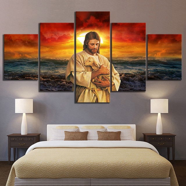 Casa decoração da lona 5 peças religioso jesus poster moderno impressão quadros de parede construção arte modular imagem para sala estar