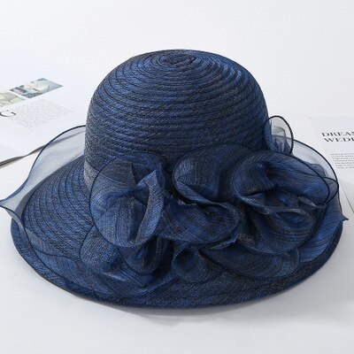 Ploermin Organza Zon Hoeden Vrouwen Bloem Zomer Bruiloft Caps Vrouwelijke Elegante Bloemen Uv Kerk Hoeden Mode: Navy blue
