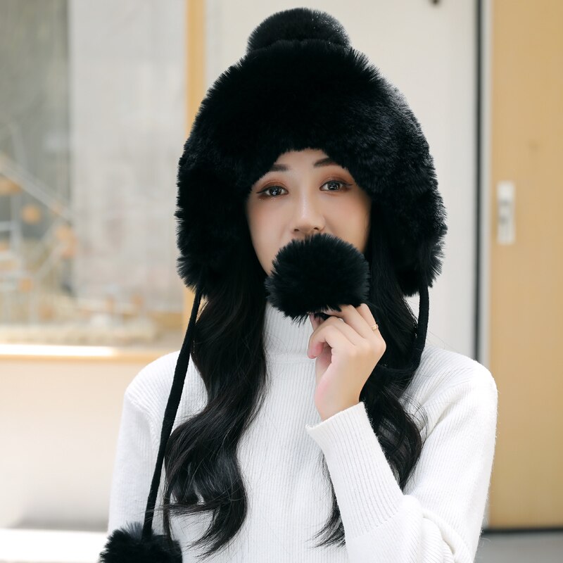 Women's thick hat hairballs a women's winter thick knitted plush hat earmuffs collar soft warm beanie hat scarf