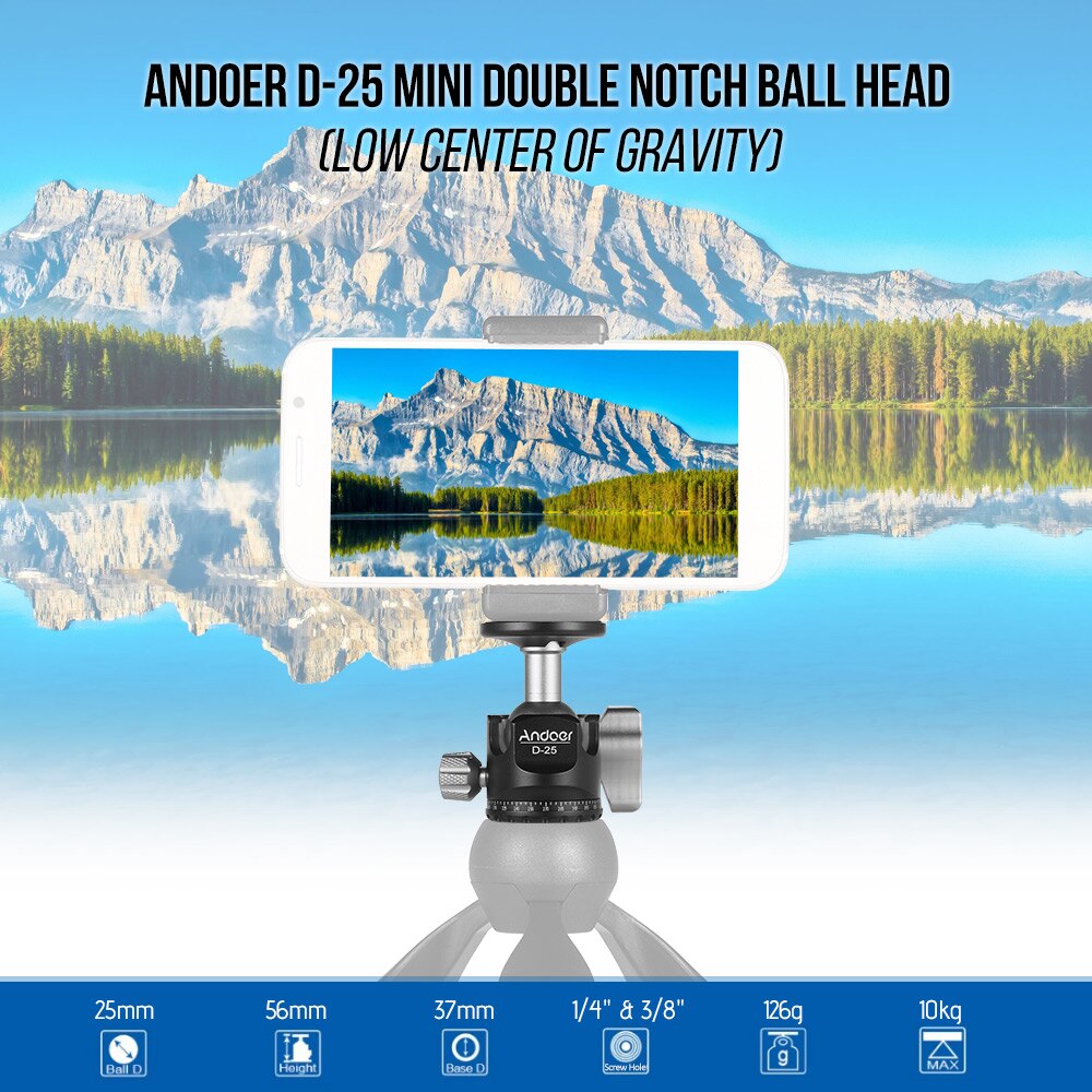 Andoer Cnc Dubbele Notch Bal Hoofd Mini Balhoofd Lage Zwaartepunt voor Statief Monopod voor Canon Nikon Sony DSLR