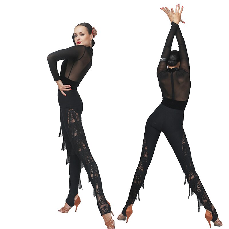 Sexy Latin Dance Pants For Lady Black Lace Tassels Pant Ballroom Cha Cha Women Training Fitness Trousers Dance Costumes VDB377