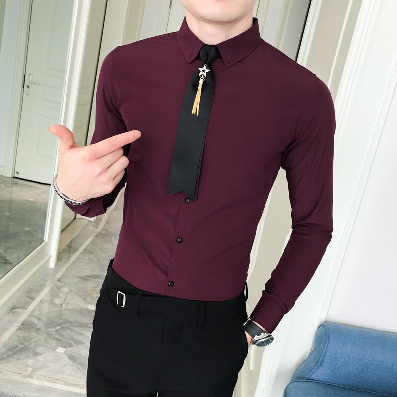Merke herre skjorte høst slim fit all match dress skjorter menn casual langermet herrer ball skjorte smoking 3xl