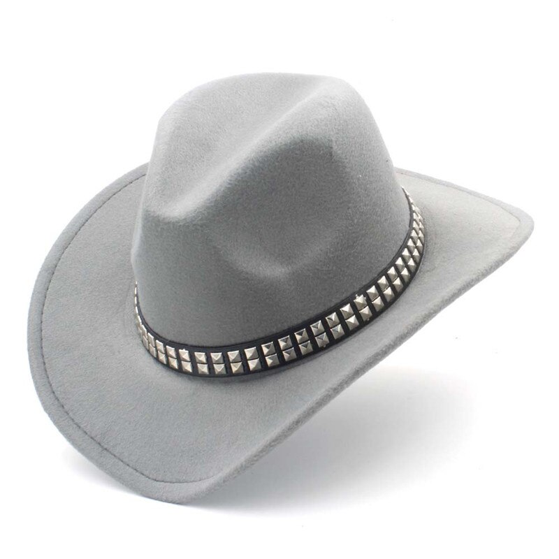 Women Men Wool Hollow Western Cowboy Hat With Wide Brim Felt Cowgirl Jazz Godfather Sombrero Cap Size 56-58CM Punk Belt A35: Gray