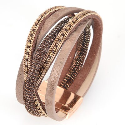 Newest wide magnetic bracelet with braided PU leather and metal chains magnetic bracelets for women: Brown