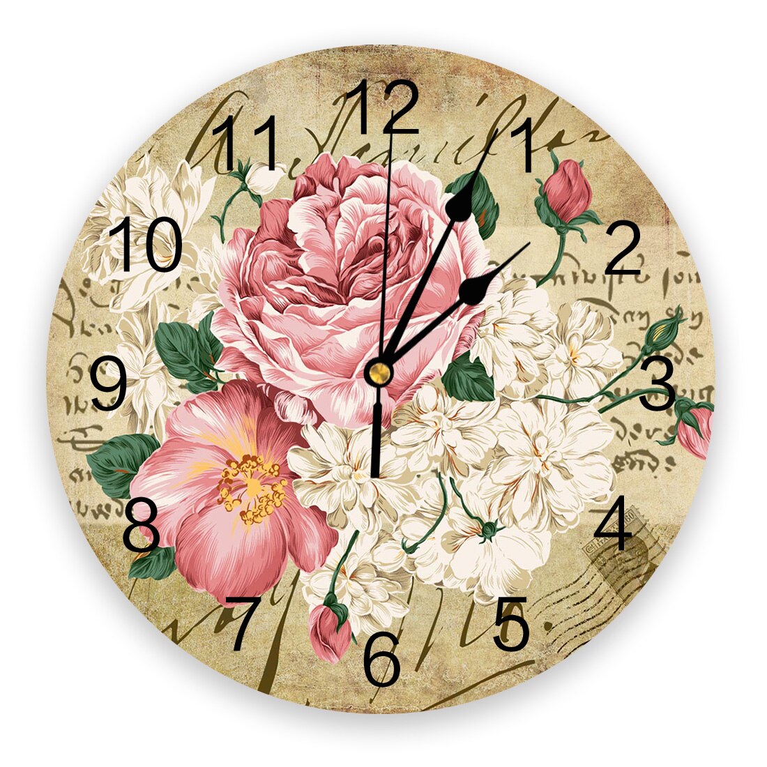 Bouquet Pink Retro Stamp White Wall Clock Living Room Decor Home Bedroom Decor PVC Wall Watch Circular Wall Digital Clock