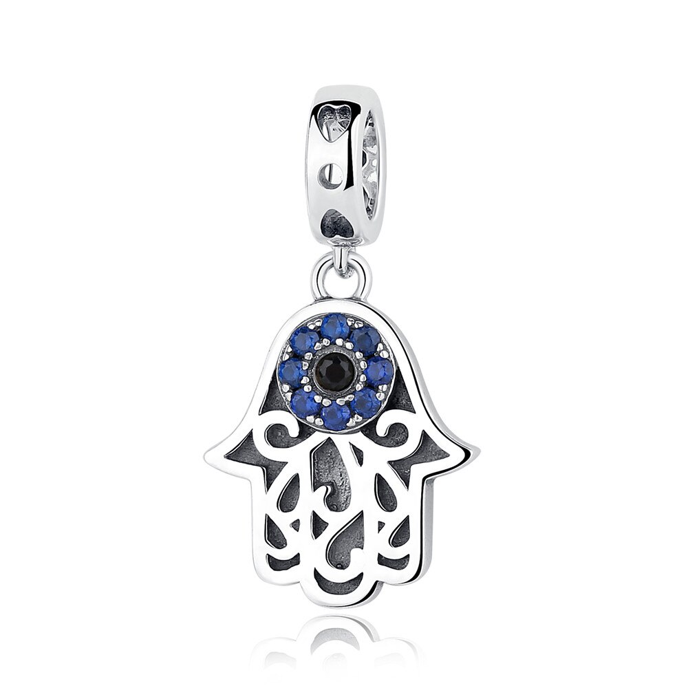 BISAER 925 Sterling Silber Blau Crystals Augen Runde Bead Fatima Hamsa Hand Charme Fit Charme Silber 925 Original Armband Schmuck: ECC085