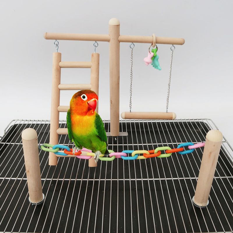 Soporte de jaula para pájaros, juguete de gimnasio, percha de madera para patio, loro, escalera de escalada, cadena para masticar