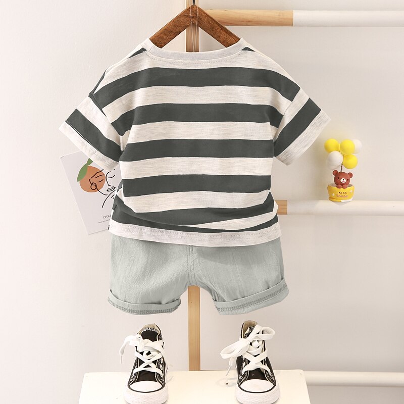 2022 Baby Junge Kleidung einstellen Sommer lässig freundlicher Kleidung Für Jungen Kurzarm Spitzen T-Shirt + kurze Hose Streifen Kleinkind freundlicher kleidung: Schwarz / 12-18M