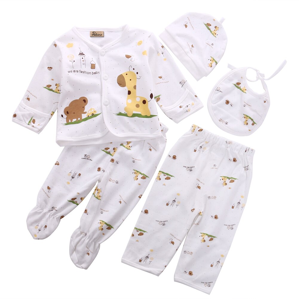 5 stk dyr tegneserie nyfødt baby drenge tøj outfit langærmet print enkelt knap hvidt bomuld outfit sæt: Gul