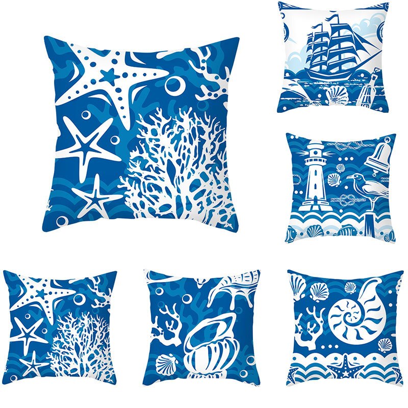 45*45Cm Baby Slaapkamer Blauwe Oceaan Zeester Dolfijn Kwallen Geometrische Kussensloop Zeebodem Creature Sofa Kussen Kussensloop