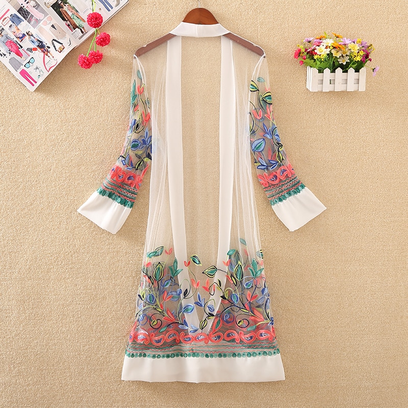Kvinder blomstret broderet lang jakke sommernet cardigan afslappet lange ærmer tynde frakker damer vintage strandhvide overtøj