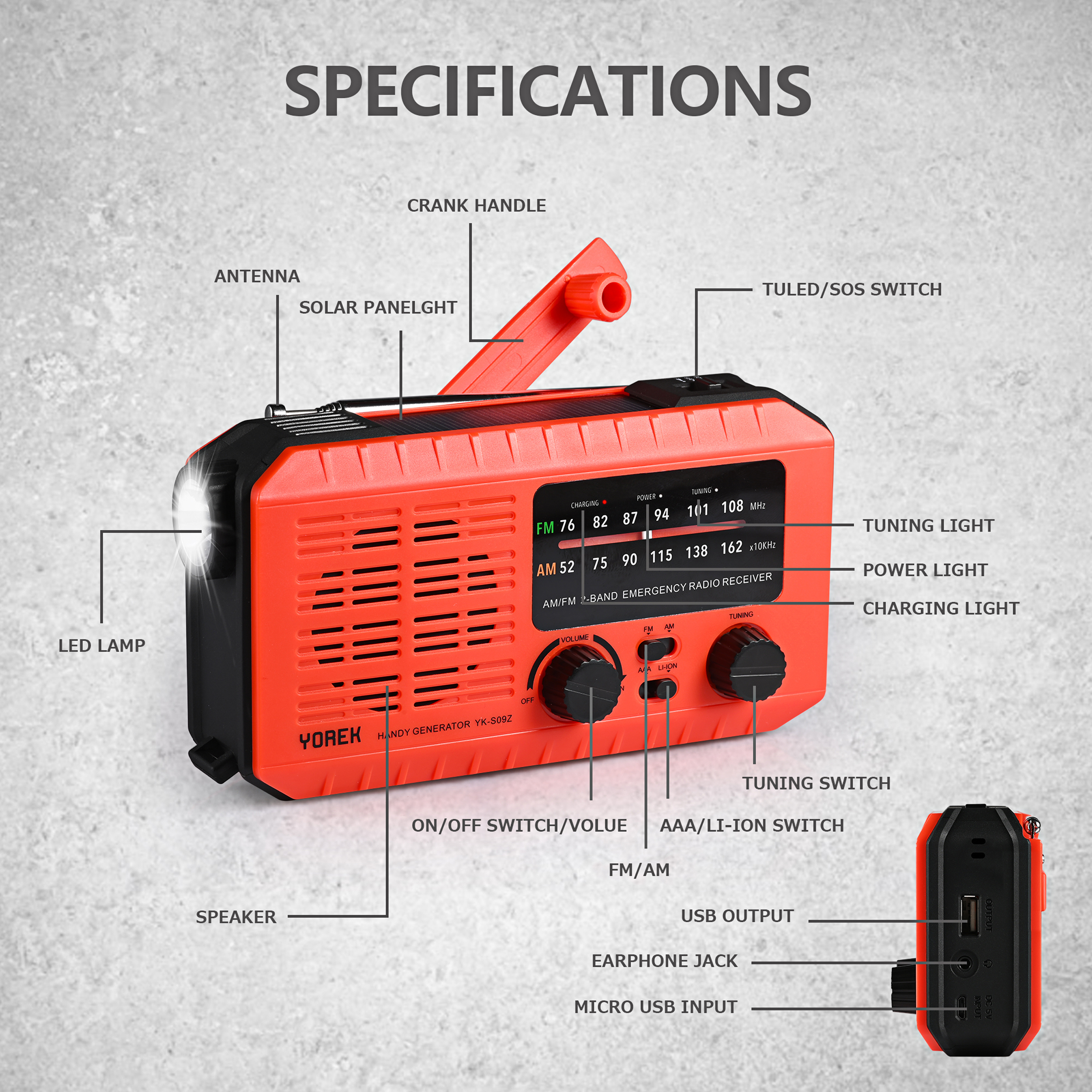 Yorek Emergency Hand Crank AM FM Radio, With 2200mAh replaceable 18650 battery, Solar Radio with LED Flashlight, SOS Alert