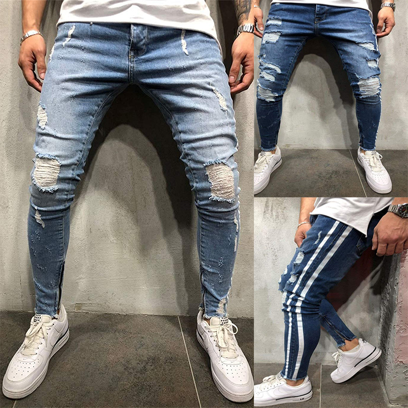 Jeans Men Ripped striped Skinny Jeans Blue Pencil Pants Motorcycle Party Casual Trousers Street Clothing 2022 Denim Man Clothin