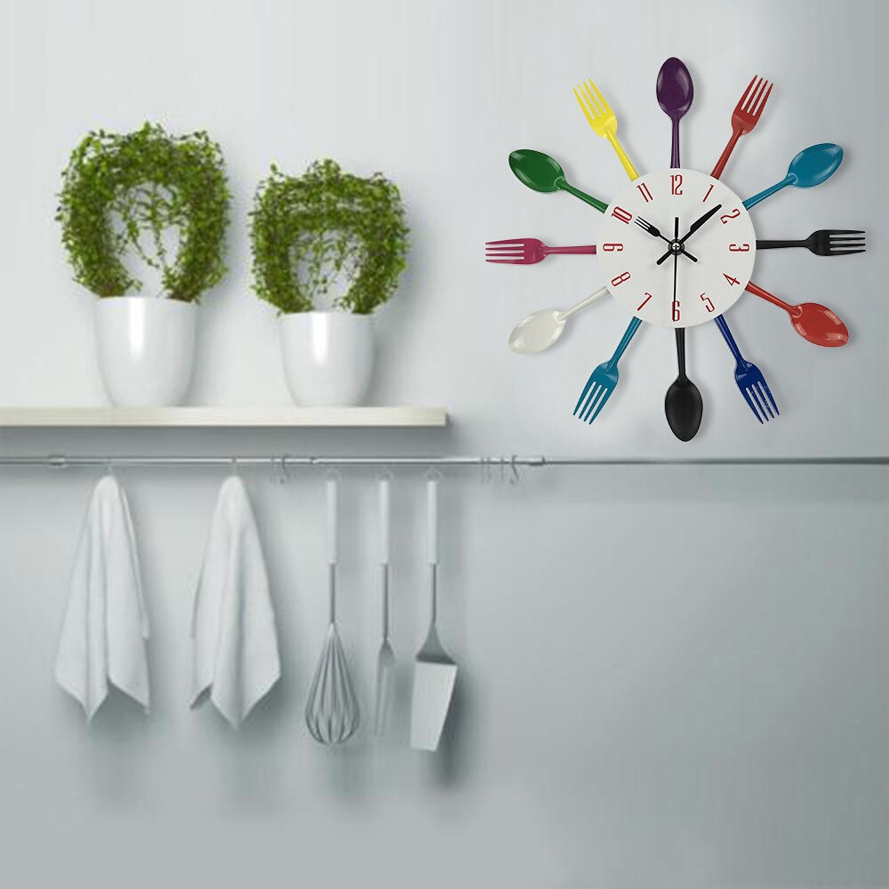 Horloge murale multicolore, bref, moderne, grande, cuillère magique, fourchette, aiguille à Quartz, décoration de salon, maison, horloge murale