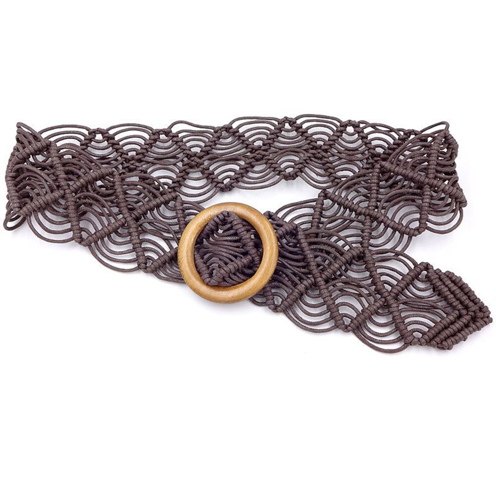 Hebilla de madera redonda trenzada a mano para mujer, Cinturón liso de Estilo bohemio, cuerda de cera, cinturón de punto, cinturones informales de color caqui para mujer,: Café