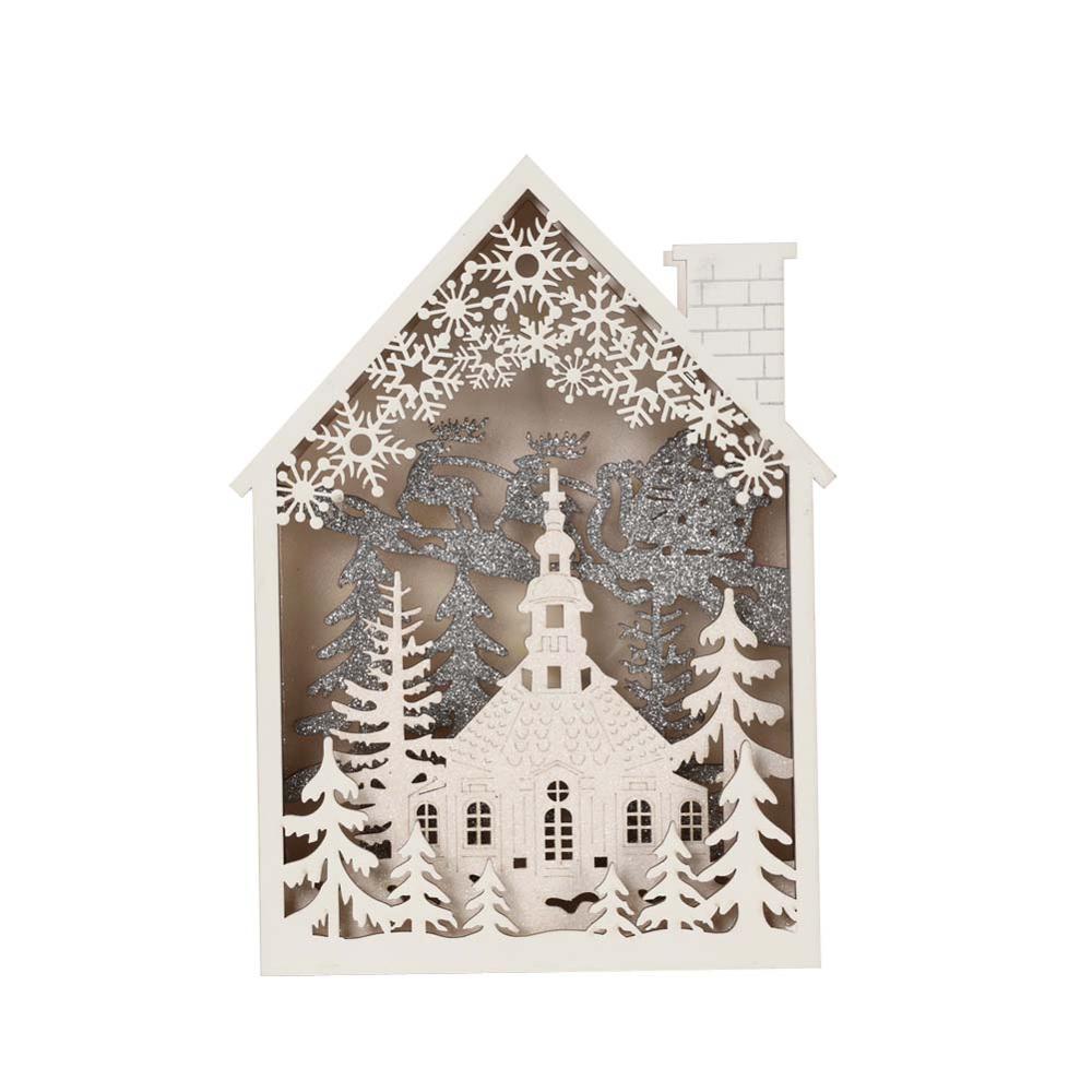 Kerst Houten Huis Vorm Led Licht Tafel Decoratie Met Herten Sneeuwpop Voor Cadeau Gemaakt Door Multiplex Vier Van Gesorteerd